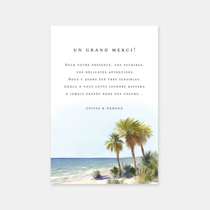 Carton remerciement mariage plage tropicale aquarelle