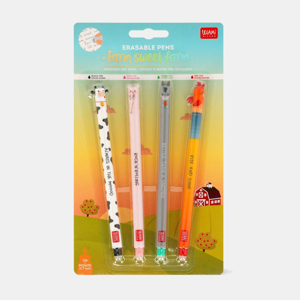 Set de 4 stylos encre gel effaçables - Animaux de la ferme