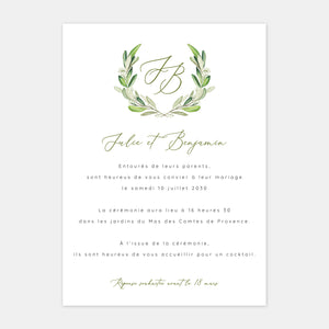 Faire-part de mariage monogramme feuillages