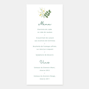 Wedding menu sprig of wild flowers