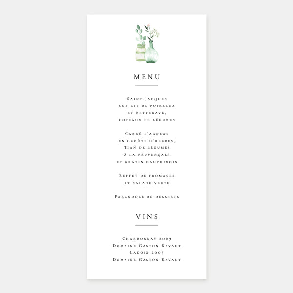 Watercolor chic country wedding menu