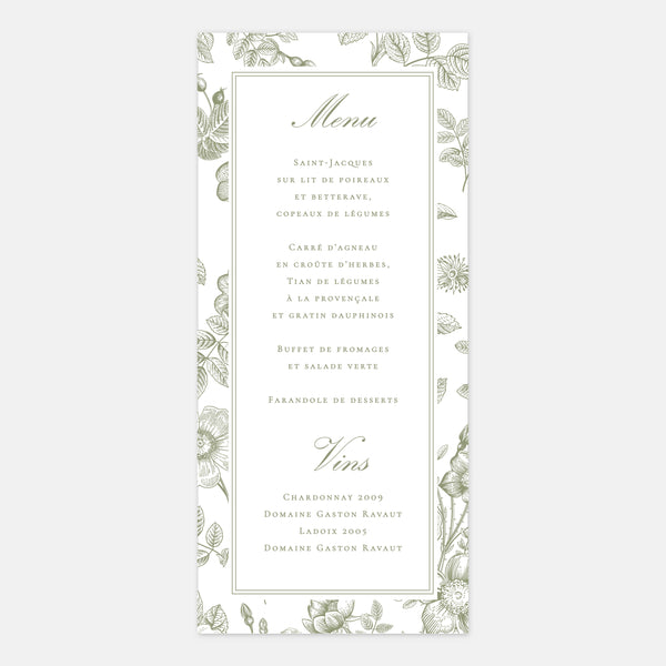 Wedding menu sprig of wild flowers