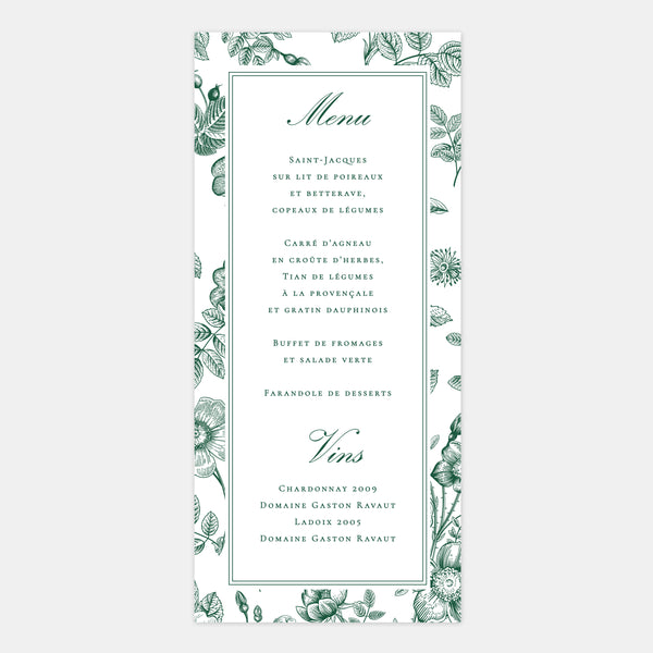 Wedding menu sprig of wild flowers