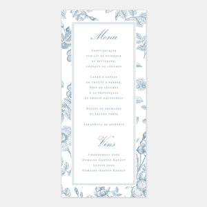 Menu mariage toile de Jouy florale