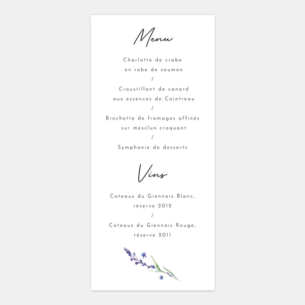 Menu mariage brin de lavande
