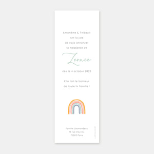 Faire-part de naissance marque page arc en ciel