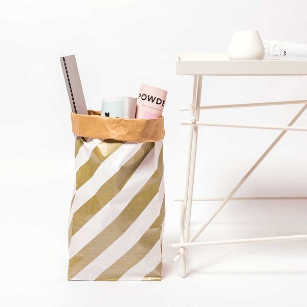 Papiertüte Gold und Weiß mit flachem Boden – mittelgroß