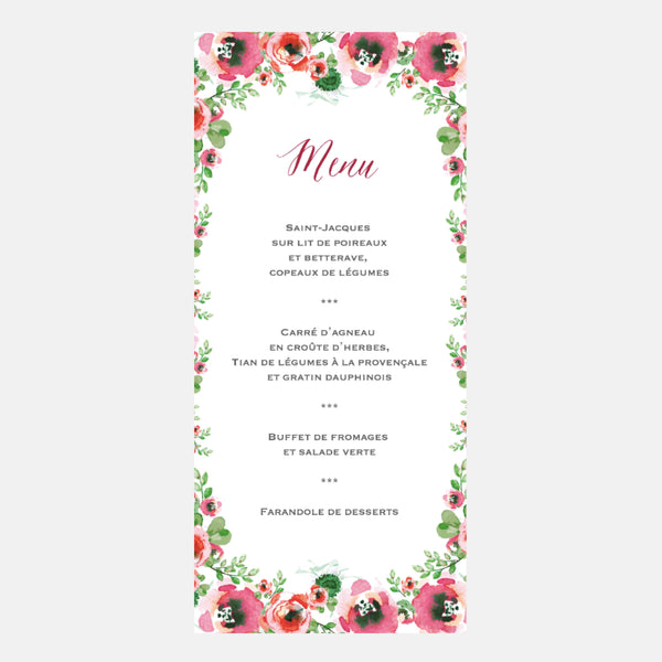 Aquarell-Blumen-Hochzeitsmenü