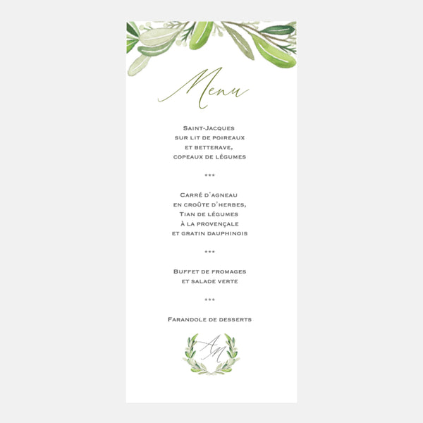 Wedding menu monogram foliage