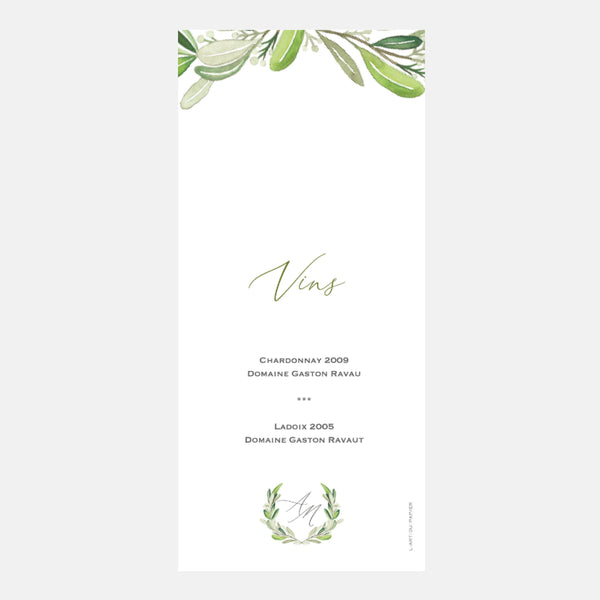 Wedding menu monogram foliage