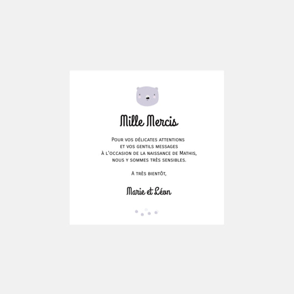 Carte de remerciement naissance Ours Polaire