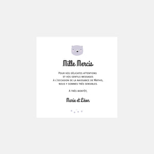 Carte de remerciement naissance Ours Polaire