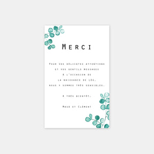 Carte de remerciement naissance Eucalyptus